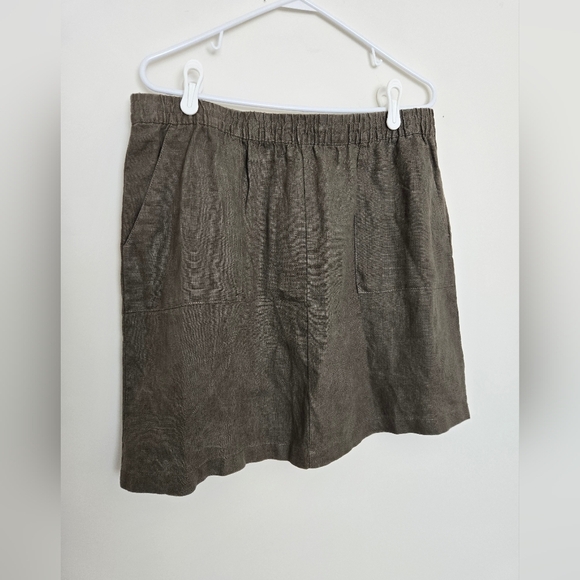 Garnet Hill Brown Linen Skirt, Front Pockets, Elastic Waist | Size 14 - Picture 1 of 5